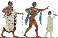 Das Bild gehört zum Grab des Tauchers und zeigt, wie die fröhliche Gesellschaft, begleitet von einer Flötenspielerin, zum Festmahl geht. Die Flötenspielerin ist die einzige Frau, die in der ganzen Grabszene auftaucht.